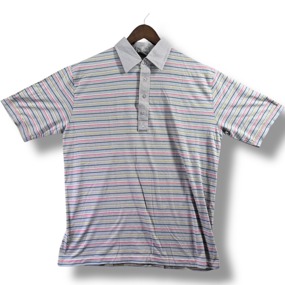 Michael Richards Mens Large Golf Polo Shirt Multicolor Stripe Short Sleeve Grey